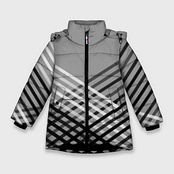 Куртка зимняя для девочки Косые черно-белые полосы на сером, цвет: 3D-черный