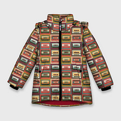 Куртка зимняя для девочки Коллекция старинных аудиокассет, цвет: 3D-красный