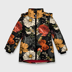 Куртка зимняя для девочки Цветочный паттерн на черном, цвет: 3D-красный