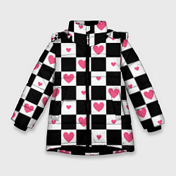 Зимняя куртка для девочки Розовые сердечки на фоне шахматной черно-белой дос
