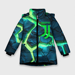 Куртка зимняя для девочки Ювентус разлом зеленых плит, цвет: 3D-черный