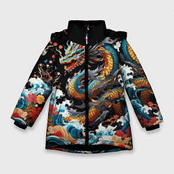 Куртка зимняя для девочки Дракон на волнах в японском стиле арт, цвет: 3D-черный