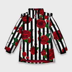 Куртка зимняя для девочки Полосы и красные розы, цвет: 3D-красный