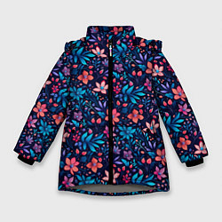 Куртка зимняя для девочки Цветочный паттерн в синих и сиреневых тонах, цвет: 3D-светло-серый