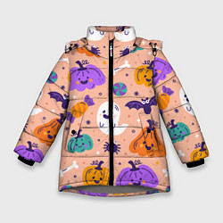 Куртка зимняя для девочки Halloween - pumpkins and ghosts, цвет: 3D-светло-серый
