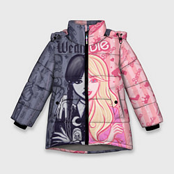 Куртка зимняя для девочки Барби и Уэнсдей - мои две личности: в стиле тату, цвет: 3D-светло-серый