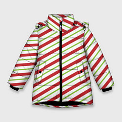 Куртка зимняя для девочки Рождественский паттерн красно зеленые полосы, цвет: 3D-черный