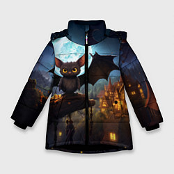 Куртка зимняя для девочки Летучая мышка на фоне луны и замка, цвет: 3D-черный