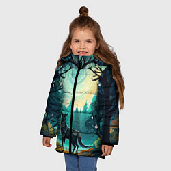 Куртка зимняя для девочки Волк в ночном лесу фолк-арт, цвет: 3D-черный — фото 2