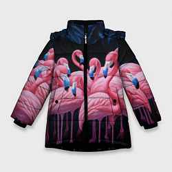 Куртка зимняя для девочки Стая розовых фламинго в темноте, цвет: 3D-черный