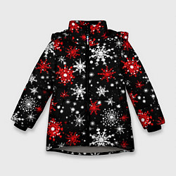 Куртка зимняя для девочки Белые и красные снежинки на черном фоне - нейросет, цвет: 3D-светло-серый