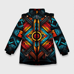 Куртка зимняя для девочки Симметричный геометрический узор в этническом стил, цвет: 3D-черный