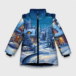 Куртка зимняя для девочки Новогодняя ночь в деревушке, цвет: 3D-черный