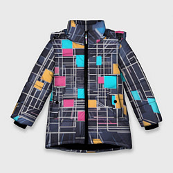 Куртка зимняя для девочки Белые полосы и разноцветные квадраты, цвет: 3D-черный