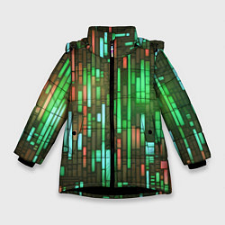 Куртка зимняя для девочки Неоновые полосы зелёные, цвет: 3D-черный