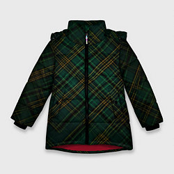 Куртка зимняя для девочки Тёмно-зелёная диагональная клетка в шотландском ст, цвет: 3D-красный