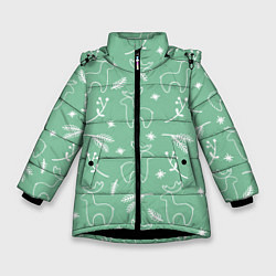 Куртка зимняя для девочки Зеленый рождественский узор с оленями, цвет: 3D-черный