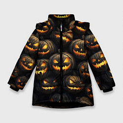Куртка зимняя для девочки Зловещие хэллоуинские тыквы, цвет: 3D-черный