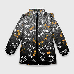 Куртка зимняя для девочки Стрекозы поверх графики, цвет: 3D-черный