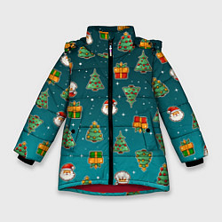 Куртка зимняя для девочки Подарки новогодние елки и Санта - паттерн градиент, цвет: 3D-красный