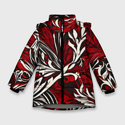 Куртка зимняя для девочки Красно белый узор на чёрном фоне, цвет: 3D-светло-серый