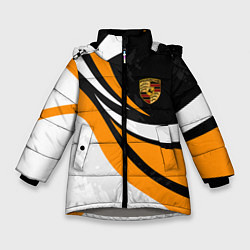Куртка зимняя для девочки Porsche - Оранжевая абстракция, цвет: 3D-светло-серый