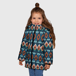 Куртка зимняя для девочки Орнамент икат синий оранжевый, цвет: 3D-черный — фото 2