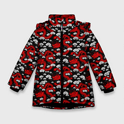 Зимняя куртка для девочки Красный дракон на черном фоне