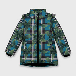 Куртка зимняя для девочки Листья остролиста на голубой шотландке, цвет: 3D-черный