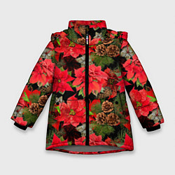 Куртка зимняя для девочки Новогодний узор из пуансетии и еловых шишек, цвет: 3D-светло-серый