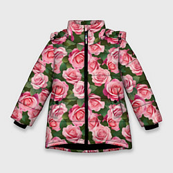 Куртка зимняя для девочки Розовые розы паттерн, цвет: 3D-черный