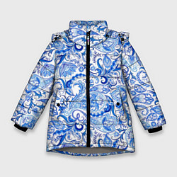 Куртка зимняя для девочки Гжельская роспись на белом фоне, цвет: 3D-светло-серый