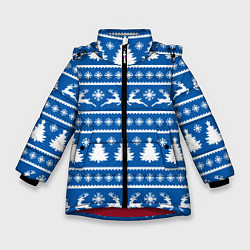 Куртка зимняя для девочки Синий свитер с новогодними оленями, цвет: 3D-красный