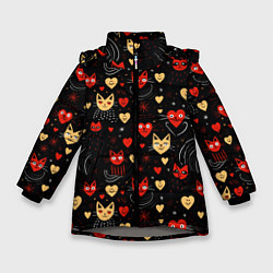 Куртка зимняя для девочки Паттерн с сердечками и котами валентинка, цвет: 3D-светло-серый
