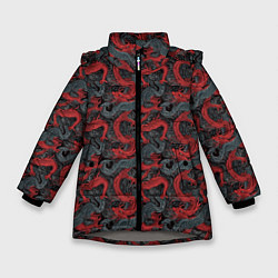 Куртка зимняя для девочки Красные драконы на сером фоне, цвет: 3D-светло-серый
