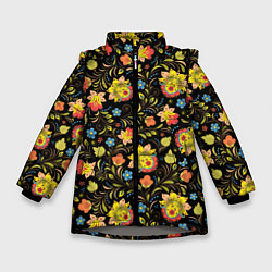 Куртка зимняя для девочки Хохломская роспись разноцветные цветы, цвет: 3D-светло-серый