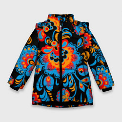 Зимняя куртка для девочки Хохломская роспись разноцветные цветы на чёроном ф