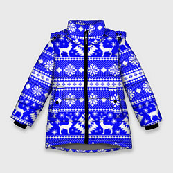 Куртка зимняя для девочки Новый год ели и олени на синем фоне, цвет: 3D-светло-серый