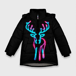 Куртка зимняя для девочки Неоновый олень на чёрном фоне, цвет: 3D-светло-серый