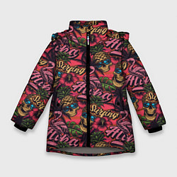 Куртка зимняя для девочки Черепа из ананасов и розовые фламинго, цвет: 3D-светло-серый