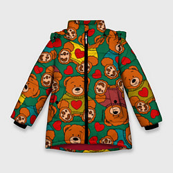 Куртка зимняя для девочки Игрушки мишки в цветных свитерах и сердца, цвет: 3D-красный