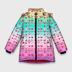Куртка зимняя для девочки Паттерн сердечки на разноцветном фоне, цвет: 3D-красный