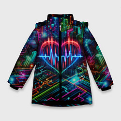 Куртка зимняя для девочки Неоновое сердце - кардиограмма, цвет: 3D-черный