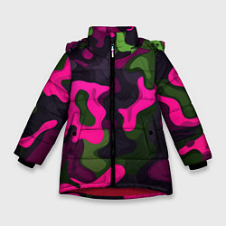 Куртка зимняя для девочки Яркий неоновый камуфляж фиолетовый и зеленый, цвет: 3D-красный