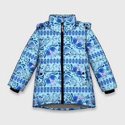 Куртка зимняя для девочки Паттерн гжель узоры и цветы, цвет: 3D-светло-серый