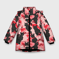 Куртка зимняя для девочки Розовый камуфляж из котов, цвет: 3D-черный
