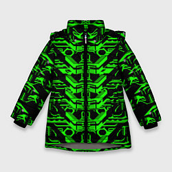Куртка зимняя для девочки Зелёная техно-броня на чёрном фоне, цвет: 3D-светло-серый