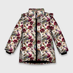 Куртка зимняя для девочки Цветочный паттерн с павлинами, цвет: 3D-черный