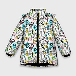 Зимняя куртка для девочки Цветные каракули буквы алфавита