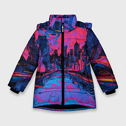Куртка зимняя для девочки Город в психоделических цветах, цвет: 3D-черный